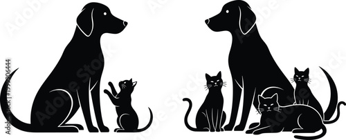 Dog and cat silhouettes interacting in groups representing pets, animals, companionship, adoption, veterinary care, wildlife, harmony, and graphic design themes