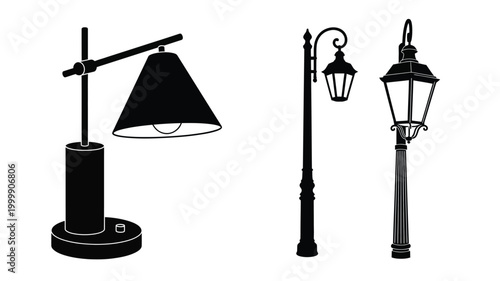 Three vintage lamps displayed in a stark black silhouette