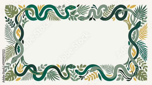 a green snake border with leaves.