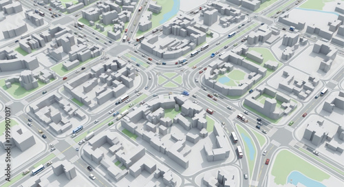 Aerial View of a Modern Cityscape with Busy Traffic Intersection.