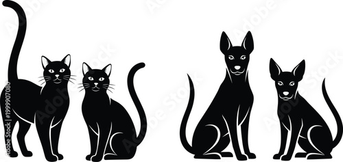 Two cats and two dogs sitting together in silhouette style representing pets, animals, companionship, adoption, care, wildlife, and design themes