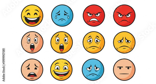Collection of diverse emoji faces expressing various emotions and moods.