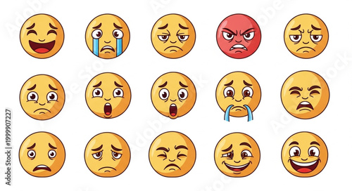 Collection of diverse emoji faces showing various emotions and expressions.