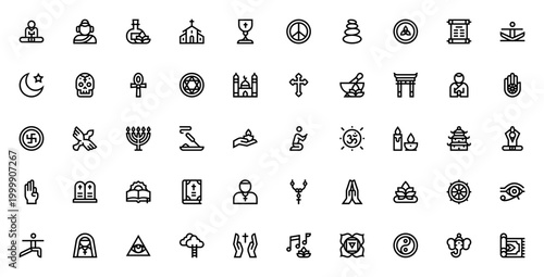 Spiritual icon set. Religious and wellness vector pack. Minimalist line icons. Featuring Meditation, Buddha, Aromatherapy, Yoga, Chakra, Faith, Peace symbol, Om, Lotus, Bible, Cross, and more.