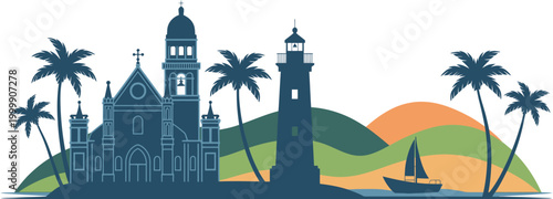 Cuadro en lienzo Goa skyline vector flat silhouette landscape illustration showcasing traditional