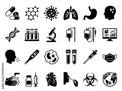 Medical and Healthcare Icon Set: Pandemic, Laboratory, and Anatomy Black Silhouette Vector Illustration