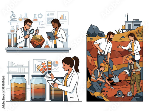 Geology and Soil Science Research Illustration Set: Scientists Analyzing Minerals and Soil Samples in Lab and Team Conducting Field Excavation
