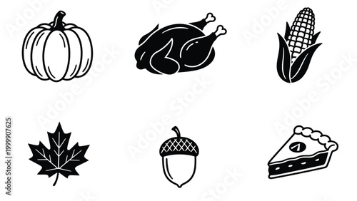 Thanksgiving & Autumn Harvest Icons Set. Fall Season Symbols: Pumpkin, Turkey, Corn, Maple Leaf, Acorn, Pie. Black and White Outline.