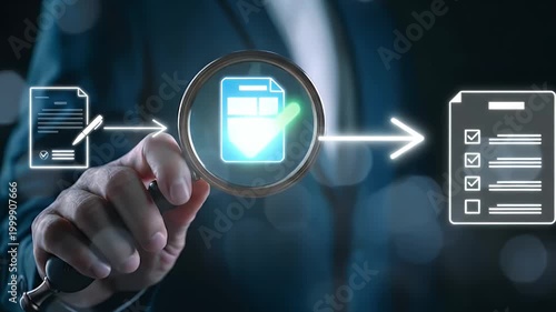 Businessman inspecting digital document workflow with magnifying glass