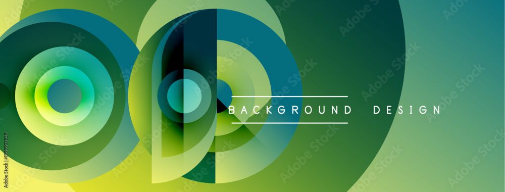 Naklejka premium Abstract geometric shapes, vibrant green hues, overlapping circles create modern background design. Smooth gradients offer visual depth.