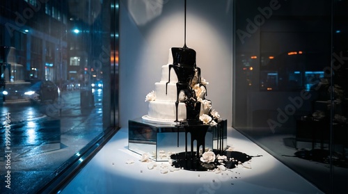 The Cost of Luxury: Wedding Cake Drenched in Black Oil in Window