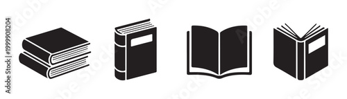 Set of four different black book icon designs isolated on a transparent background for educational graphic design.