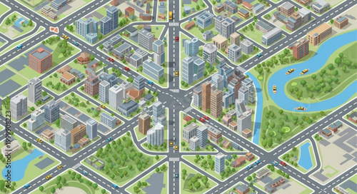 Isometric Cityscape with Roads and Buildings.
