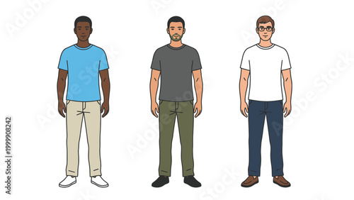 Three diverse men in casual attire standing, full length flat vector illustration