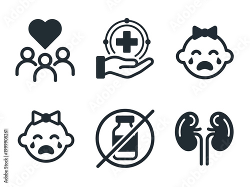 Medical Healthcare and Family Support Icon Set - Pediatric, Organ Health, and Pharmacy Symbols