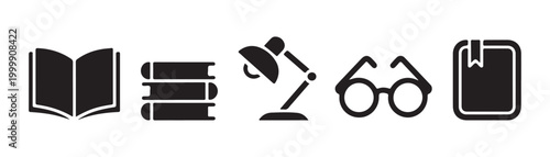 Study supplies vector icons including open notebook stack of books adjustable desk lamp eyewear and diary app.