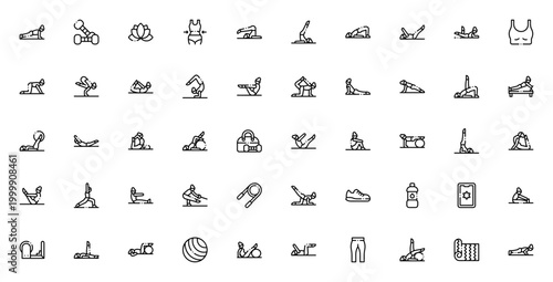 Pilates icon set. Minimal vector pack. Includes illustrations for Pilates, weights, lotus, gym bag, jump rope, sneakers, water bottle, leggings, yoga mat and more.