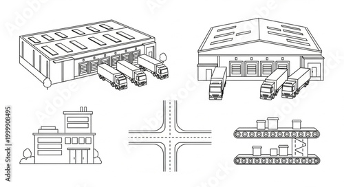 Industrial Buildings and Trucks Illustration.