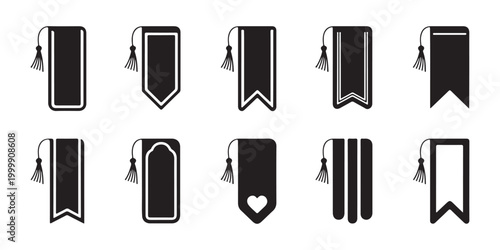Twelve decorative black page marker icons with tassels for book marking and academic reading organizational use.