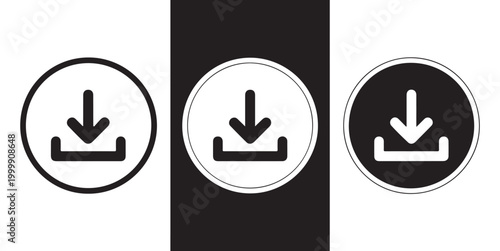 Download icon set showing arrow pointing into tray for file storage and digital transfer on dark backgrounds.