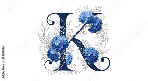 Elegant navy blue letter K monogram decorated with blue hydrangeas, baby's breath, and silver vines. Luxury floral alphabet isolated on white background for wedding and brand design.