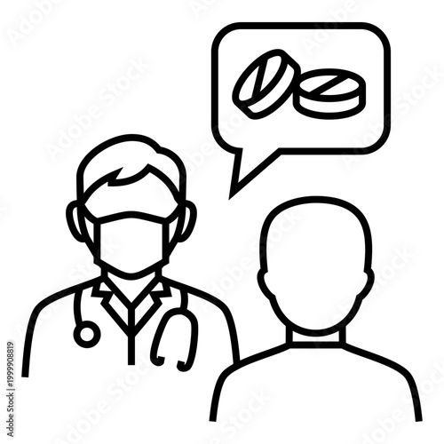 Line icon of a doctor wearing a mask with a patient and a speech bubble showing pills, representing medical consultation, prescription, and healthcare communication.
