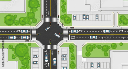 Aerial view of a busy city intersection with traffic and crosswalks.
