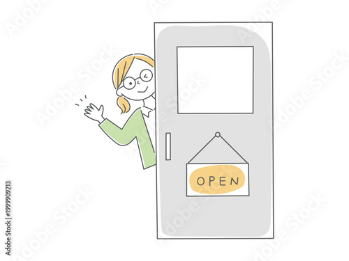 相談室から笑顔で手を振るスクールカウンセラーのイラスト単色