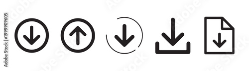 Diverse collection of data transfer icons featuring download upload and file document symbols vector graphic.