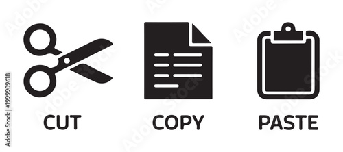 Foto Set of minimalist cut copy and paste document icons for basic computer interface editing operations isolated
