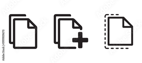 Document duplication and file management icons showing basic paper sheet stacking and addition symbols design.
