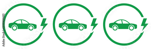 Electric vehicle charging icon set, green EV car with power plug circle symbols collection, renewable energy transport illustration, minimal flat vector design for charging stations