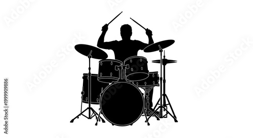 Drummer Playing Drum Set Silhouette.