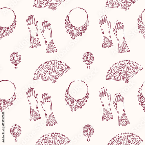 Rococo wedding seamless vector pattern with bridal gloves, fan, necklace and brooch in elegant hand drawn vintage line art design