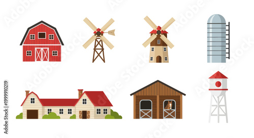 Farm Buildings and Structures Collection: Barn, Windmill, Silo, House, Stable, Water Tower