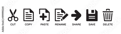Document management flat vector icons for cut, copy, paste, rename, share, save, and delete operations.