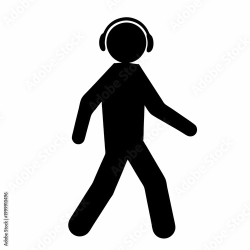 Black silhouette of a person walking with headphones on a white background