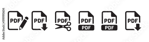 Portable document format icons for editing cutting and downloading digital files for office work efficiency.