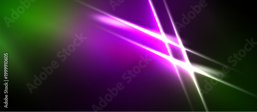 Abstract background features vibrant green, purple light streaks. Bright lines intersect creating dynamic visual effect. Dark areas provide contrast.