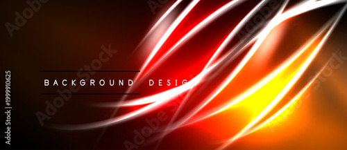 Abstract design features vibrant orange, red glows. Dynamic curves create flowing energy, modern aesthetic. Dark background enhances luminosity.