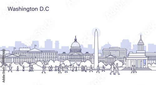 Illustration of Washington D.C. cityscape with iconic buildings and monuments in purple hues on a white background.