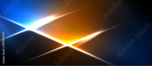 Bright abstract lines intersect. Blue, orange hues dominate dark background. Intense light creates dynamic visual effect.