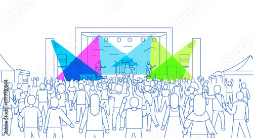 Illustration of a lively crowd watching a colorful performance on a stage with a white background and blue line art, conveying a joyful and energetic mood.