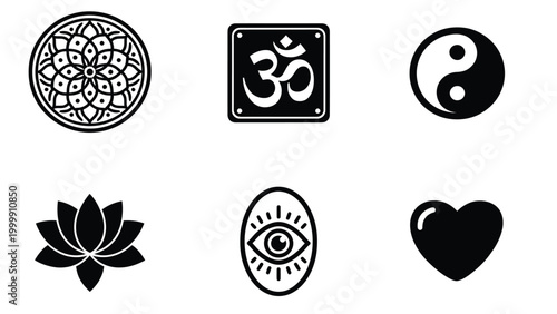 Spiritual & Wellness Icons: Mandala, Om, Yin Yang, Lotus, All-Seeing Eye, Heart Symbols for Peace & Harmony