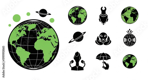 Collection of Earth globes and abstract alien figures.