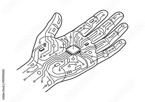 Line art illustration of a human hand integrated with a circuit board and microchip, symbolizing bionic technology and cybernetic enhancement.