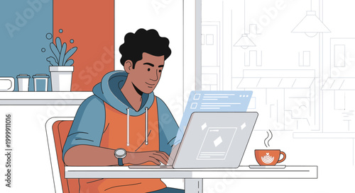 Illustration of a young man working on a laptop at a table with a cup of coffee in a casual indoor setting.