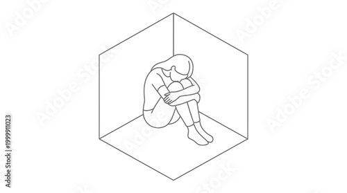 Line drawing of a person curled up in a fetal position inside a transparent cube, depicting feelings of isolation and sadness.