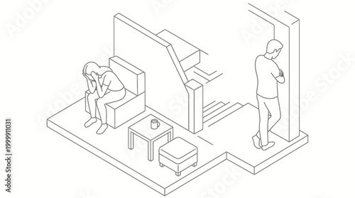 Isometric line drawing depicting two people in a home, one sitting sadly with head in hands, the other standing with crossed arms, illustrating emotional distance and relationship problems.