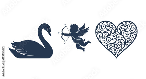 Swan and cherub with heart symbol.